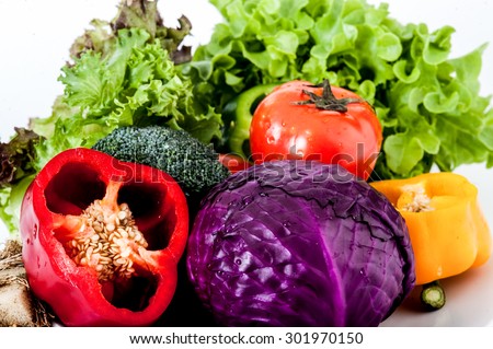 Salad, fresh vegetable salad,close-up,collection fruits and vegetables isolated on a white background