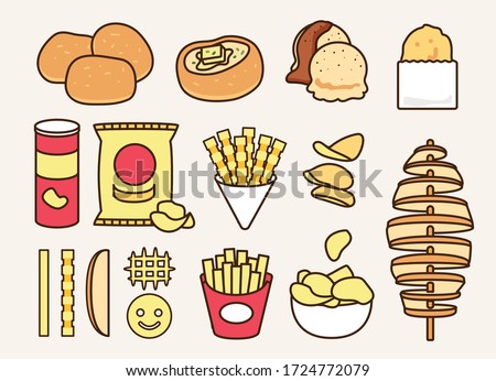 Cartoon potato snack cooking collection: baked, mashed, hash brown, chips, french fries, tornado potato fry. Traditional cooked potato icon vector illustration flat design drawing.