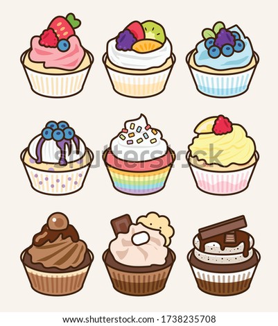 Colorful cupcake collection with different fruit flavor and chocolate caramel: mix berries, blueberry, rainbow, lemon raspberry, rich chocolate. Traditional sweet dessert icon vector illustration draw