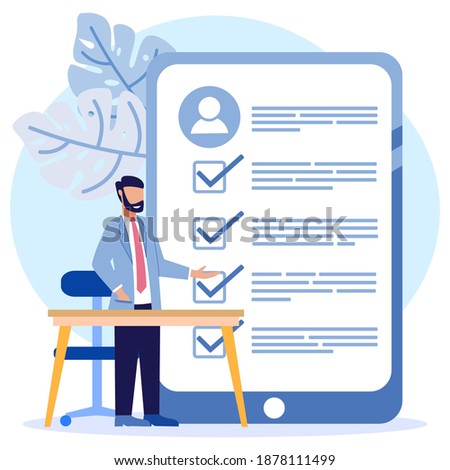 Vector illustration of a business concept. Job interview. Employee evaluations, appraisal forms and reports, performance review concepts. Stockfoto © 