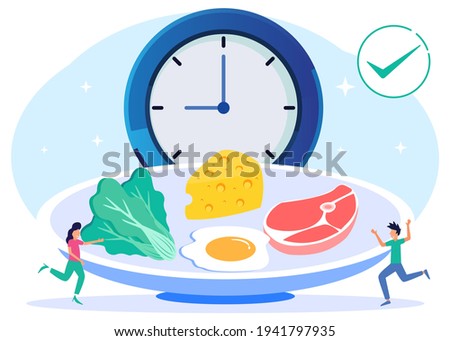 Vector illustration of a meal schedule for balancing daily meals. Hunger is a constant period of time as a healthy habit of the digestive system. Symbolic wall clock with lunch plate.