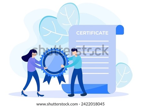 Flat style vector illustration of a person character receiving an award. A certificate document for an award or diploma for the attainment of skills or knowledge.