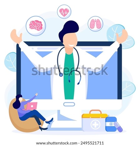 Online medical service flat vector illustration. Patients meet doctors online, consult and receive prescriptions digitally. Telemedicine and e-health concept.