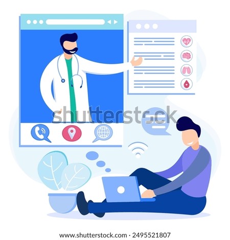 Online medical service flat vector illustration. Patients meet doctors online, consult and receive prescriptions digitally. Telemedicine and e-health concept.