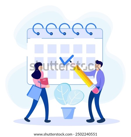 Appointment schedule vector illustration. Flat character with schedule calendar. System for organizing meetings, time management for setting meeting deadlines, agendas.