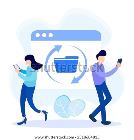 Modern style vector illustration. People character file sharing, encrypted transfer, documentation transfer, data transfer.