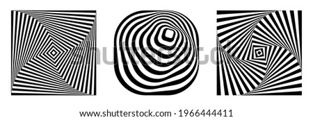 optical illusion vector background, linkedin banner, instagram post, website icon, digital virtual background, facebook cover, white lines on black, set of deformed squares and circles, ripple effect