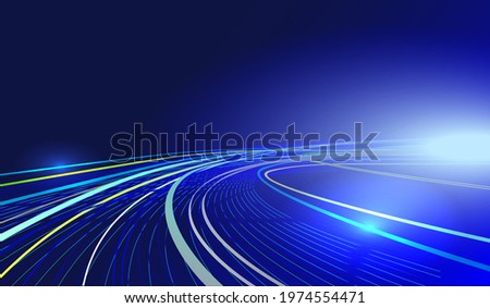 glowing neon blue yellow lines, bright lights, blue vector background, illuminated high speed traffic motion road at night, high speed effect vector, Linkedin banner, facebook cover, instagram post ad ストックフォト © 
