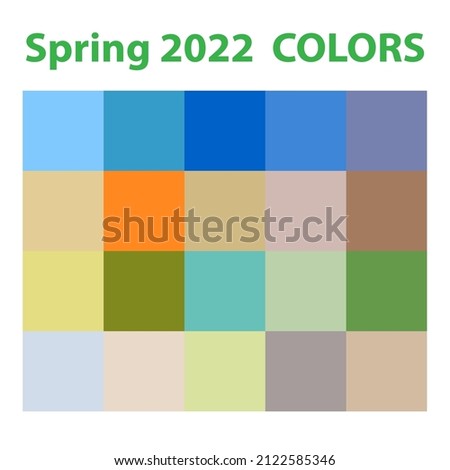 Spring 2022 color palette with bright, soft, and pastel colours. Orange, blue, beige, green, brown, clam yellow, purple colors for digital cover, modern trendy announcement, webinars, linkedin banners