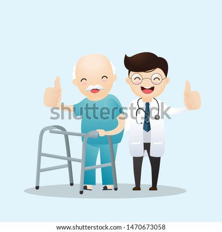 Old man walking . Medical care doctor medicine hospital staff healthcare insurance.Vector illustration