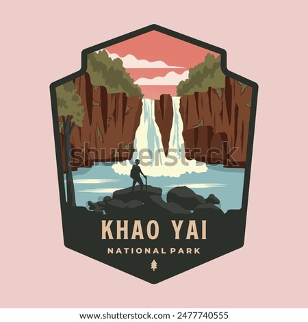 heon swat waterfall in khao yai national park emblem patch logo vector illustration design, thailand emblem national park design