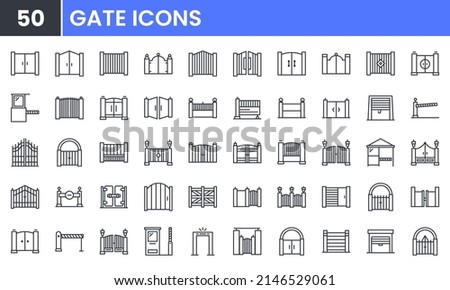 Gate and Fence vector line icon set. Contains linear outline icons like Door Entrance, Garage, Stop Sign, Parking Barrier Security, Residence Gate, Automatic Gate. Editable use and stroke for web.