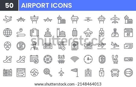 Airport vector line icon set. Contains linear outline icons like Plane, Ticket, Baggage, Seat, Wifi, Bag, Departure, Terminal, Passport, Transport, Luggage, Airplane. Editable use and stroke for web