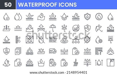 Waterproof vector line icon set. Contains linear outline icons like Water Protection, Water Resistant, Drops, Moisture, Anti Wetting Material, Hydrophobic, Weatherproof, Rain. Editable use and stroke.