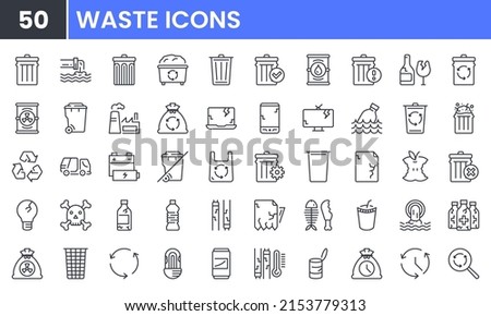 Waste and Recycle vector line icon set. Contains linear outline icons like Trash, Plastic, Paper, Bottle, Can, Dumpster, Factory, Truck, Food, Garbage, Pollution, Glass. Editable use and stroke.