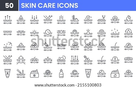 Skin Care vector line icon set. Contains linear outline icons like Acne, Sunscreen, Cream, Healthy Skin, Collagen, Wrinkle, Moisturizing, Cosmetic, Dermatology, Serum. Editable use and stroke.