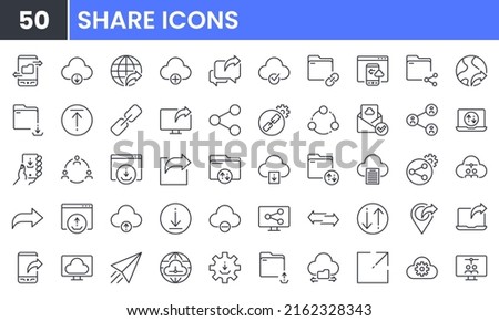Share and Transfer vector line icon set. Contains linear outline icons like Download, Upload, Link, Publish, Cloud, Attach, Hyperlink, File, Link, Web, Send, Site, Internet. Editable use and stroke.