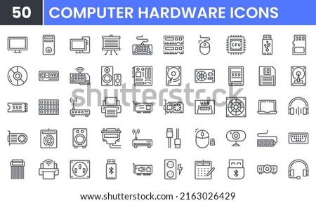 Computer Hardware vector line icon set. Contains linear outline icons like PC, CPU, Laptop, USB, DVD Room, HDD, SSD, RAM, Graphic Card, Keyboard, Mouse, LCD Projector, Storage. Editable use and stroke