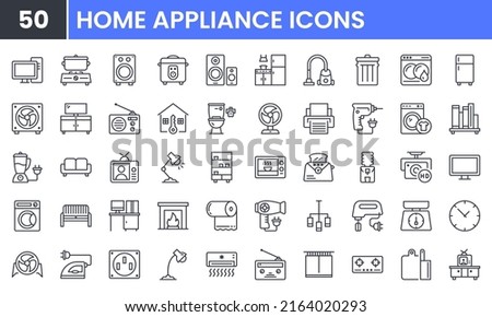Home Appliances vector line icon set. Contains linear outline icons like Household, Kitchen, Microwave, Vacuum, Mixer, Blender, Bathroom, Television, Refrigerator, Sofa, Fan . Editable use and stroke.