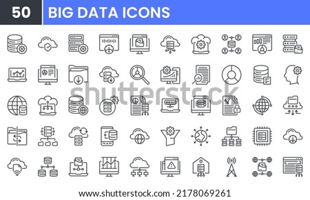 Big Data vector line icon set. Contains linear outline icons like Database, Data Analysis, Server, Cloud Computing, Network, File, Hosting, Storage, Traffic Analysis, Chart. Editable use and stroke.