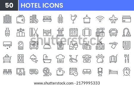 Hotel vector line icon set. Contains linear outline icons like Wifi, Bed, Shower, Room, Bath, Pool, Restaurant, Service, Plane, TV, Air, Bag, Gym, Luggage, Travel, Date. Editable use and stroke.