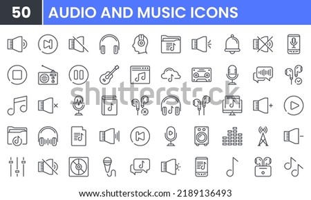 Audio and Music vector line icon set. Contains linear outline icons like Radio, Speaker, Sound, Microphone, Note, Guitar, Headphone, Cassette, Media, Playlist, Podcast. Editable use and stroke.