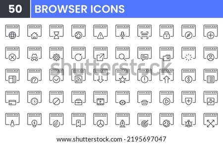 Browser and Internet vector line icon set. Contains linear outline icons like Setting, Web Development, SEO, Find, Homepage, Webpage, Website, Window. Editable use and stroke.