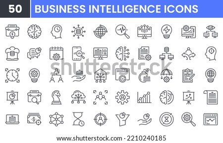 Business Intelligence vector line icon set. Contains linear outline icons like Data Visualization, Data Management and Analysis, Analytic Service, Risk Management, Strategy. Editable use and stroke.