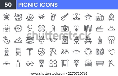 Summer Outdoor Recreation and Picnic vector line icon set. Contains linear outline icons like Campfire, Table, Camping, Grill, Food, Bbq, Hamburger, Blanket, Drink, Hiking. Editable use and stroke.