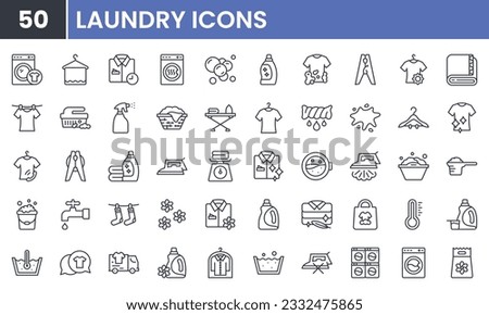 Laundry and Wash vector line icon set. Contains linear outline icons like Washer, Detergent, Clean, Machine, Dryer, Shirt, Iron, Hanger, Clothes, Softener. Editable use and stroke.
