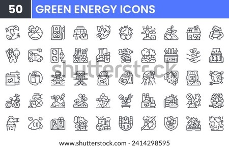 Green Energy vector line icon set. Contains linear outline icons like Renewable Energy, Environment, Save Energy, Eco, Electric Car, Fertilizer, Ecology, Geothermal. Editable use and stroke.