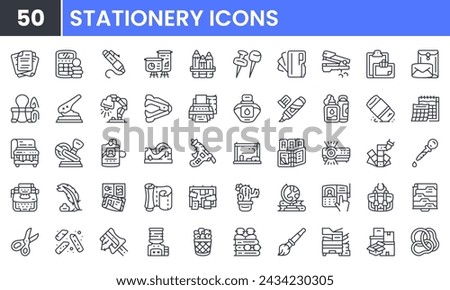 Stationery vector line icon set. Contain linear outline icons like School, Office, Book, Stapler, Paint, Pen, Paper, Lamp, Rubber, Stamp, Eraser, Folder, Glue, Scissor. Editable use and stroke.