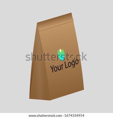 Craft paper bag packaging template isolated on grey background. Brown Packaging template mockup. Stand-up pouch Half Side view package.