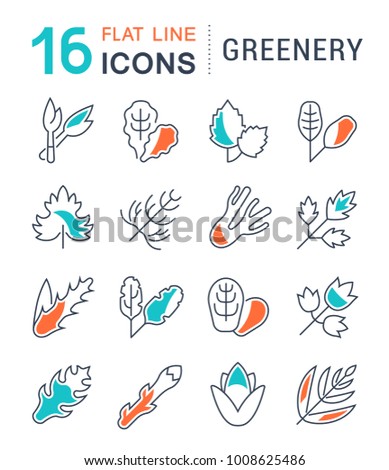 Set of vector line icons, sign and symbols with flat elements of greenery for modern concepts, web and apps. Collection of infographics logos and pictograms.