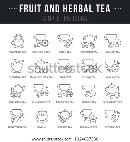 Set of outline signs and symbols of fruit and herbal tea with names. Collection vector thin line icons and infographics elements. Simple linear pictogram pack for web graphics and apps.