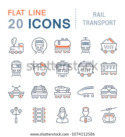 Set of vector line icons, sign and symbols with flat elements of rail transport for modern concepts, web and apps. Collection of infographics logos and pictograms.