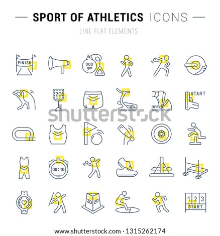 Set of vector line icons and signs with yellow squares of sport of athletics for excellent concepts. Collection of infographics logos and pictograms.