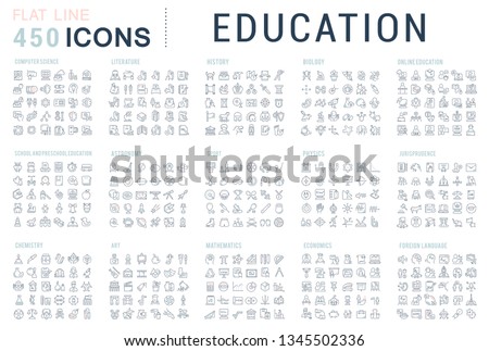 Collection of vector line icons of education. Natural and mathematical science, additional education, tutorship, freelance. Set of flat signs and symbols for web and apps.