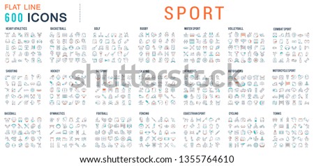 Collection of vector line icons of sport. Icons of active lifestyle, hobbies, sports equipment and clothing. Set of flat signs and symbols for web and apps. Foto stock © 