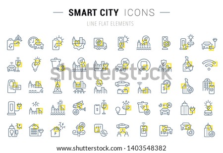 Set of vector line icons and signs with yellow squares of smart city for excellent concepts. Collection of infographics logos and pictograms.