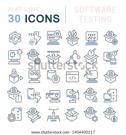 Set of vector line icons of software testing for modern concepts, web and apps.