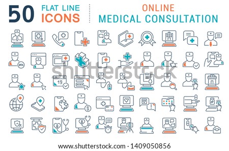 Set of vector line icons of online medical consultation for modern concepts, web and apps.