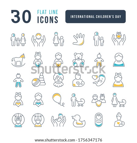 Set vector line thin icons of international childrens day in linear design for mobile concepts and web apps. Collection modern infographic pictogram and signs.