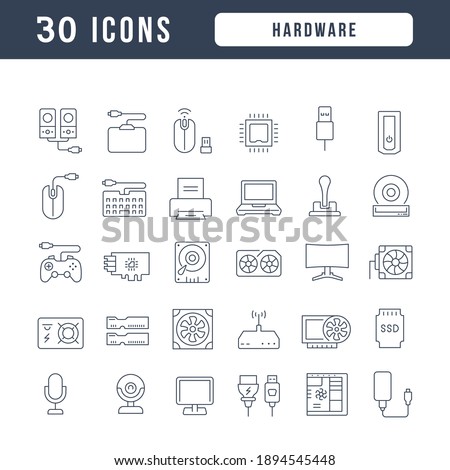 Hardware. Collection of perfectly thin icons for web design, app, and the most modern projects. The kit of signs for category Technology.