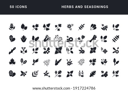 Herbs and Seasonings. Collection of perfectly simple monochrome icons for web design, app, and the most modern projects. Universal pack of classical signs for category Food and Drink.