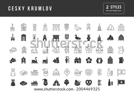 Cesky Krumlov. Collection of perfectly simple monochrome icons for web design, app, and the most modern projects. Universal pack of classical signs for category Countries and Cities.