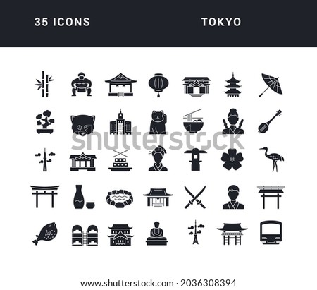 Tokyo. Collection of perfectly simple monochrome icons for web design, app, and the most modern projects. Universal pack of classical signs for category Countries and Cities.