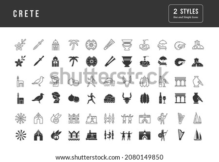 Crete. Collection of perfectly simple monochrome icons for web design, app, and the most modern projects. Universal pack of classical signs for category Countries and Cities.