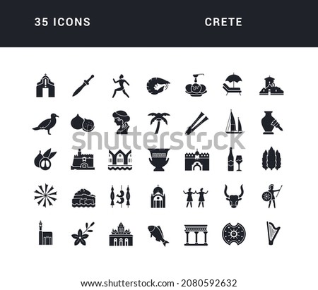 Crete. Collection of perfectly simple monochrome icons for web design, app, and the most modern projects. Universal pack of classical signs for category Countries and Cities.