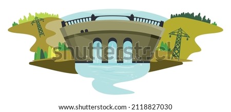 Detailed illustration of a reservoir. Water dam.